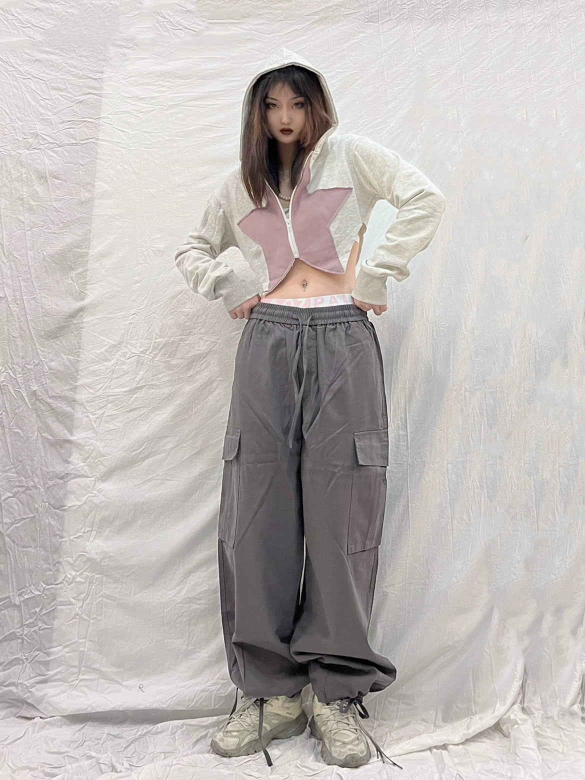 Japanese retro large pocket loose drawstring trousers (Shipping not included)