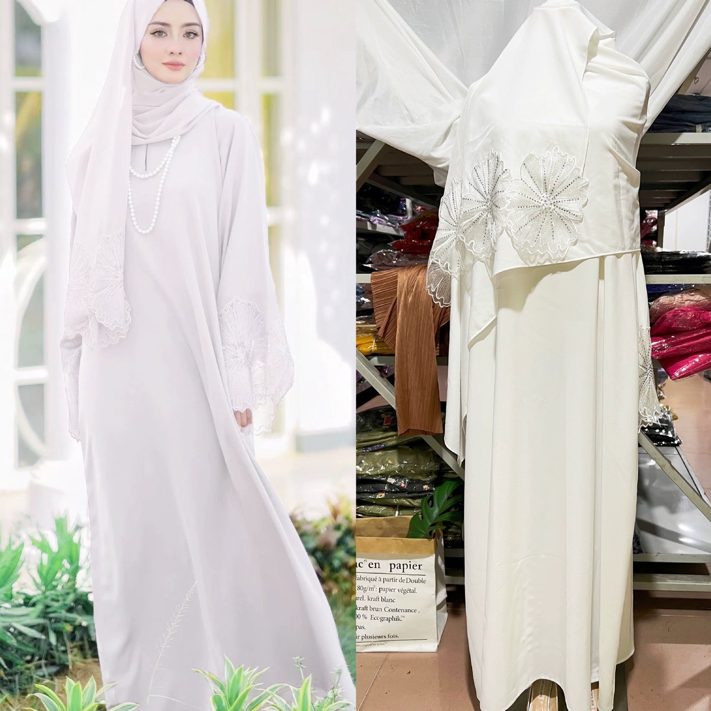 Abaya with embroidery details on edging + Scarf (Shipping not included)