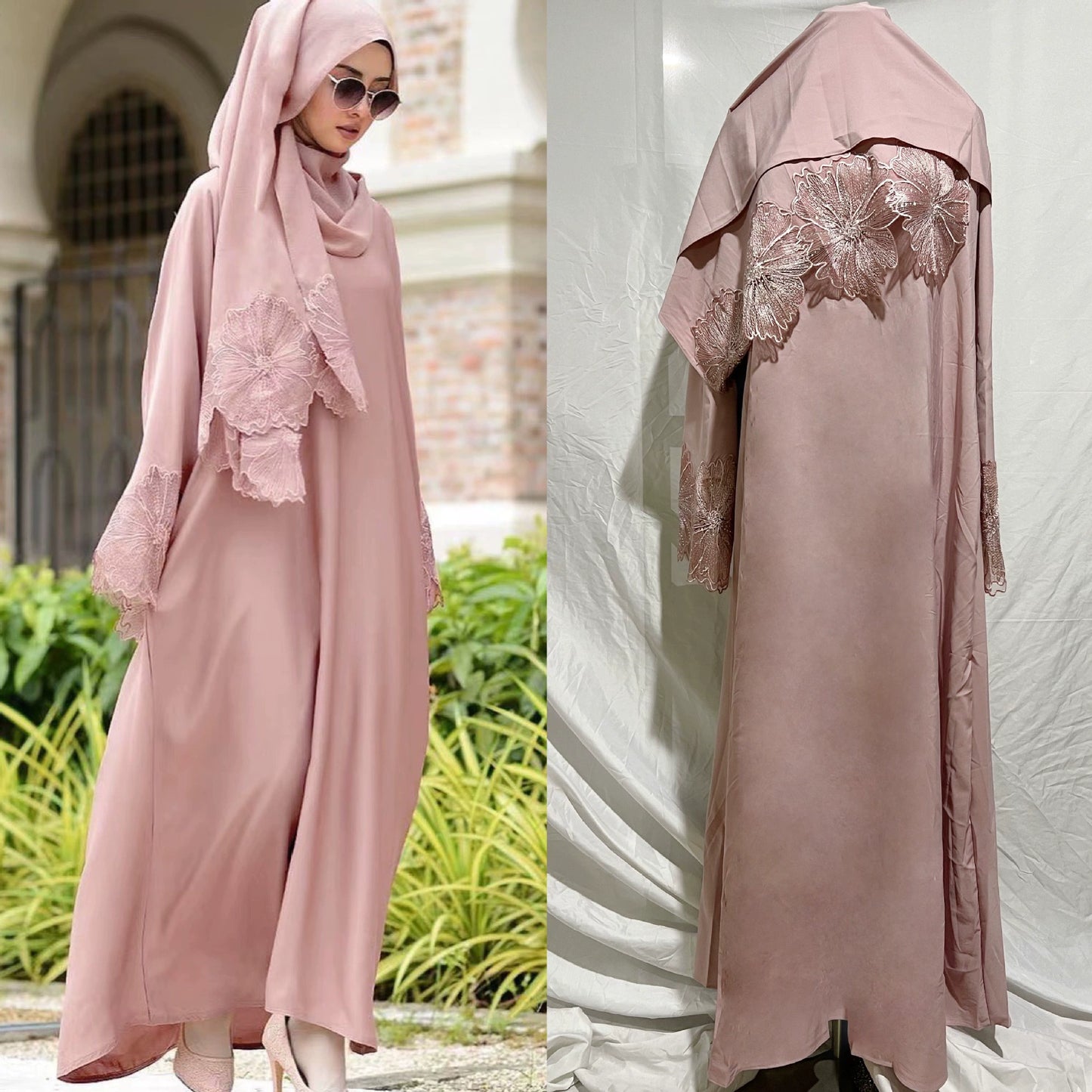 Abaya with embroidery details on edging + Scarf (Shipping not included)