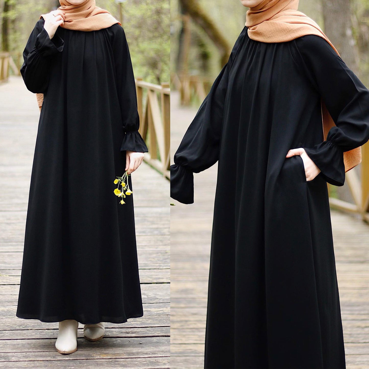 Solid color bell sleeve long sleeve casual long skirt abaya (Shipping not included)
