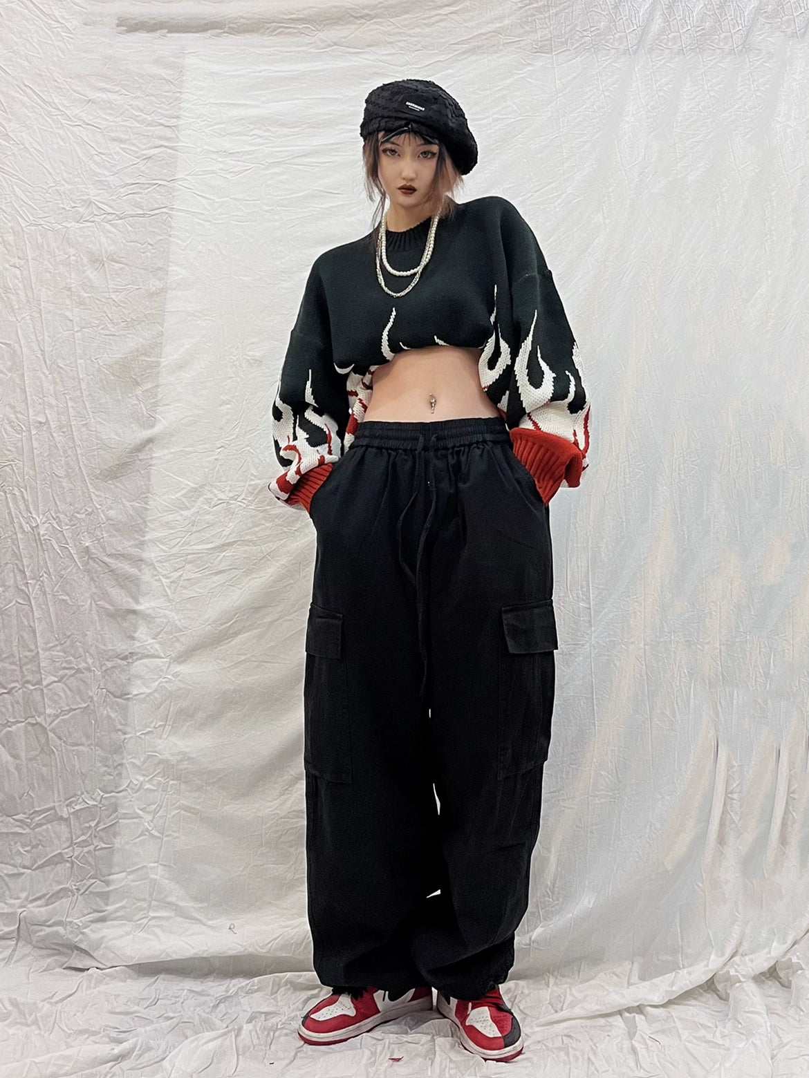 Japanese retro large pocket loose drawstring trousers (Shipping not included)