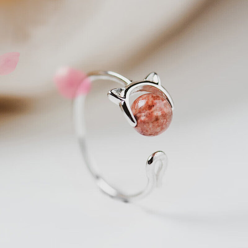 925 Silver, Japanese Cute, and Exquisite Cat Strawberry Crystal Open Ring (Shipping not included).
