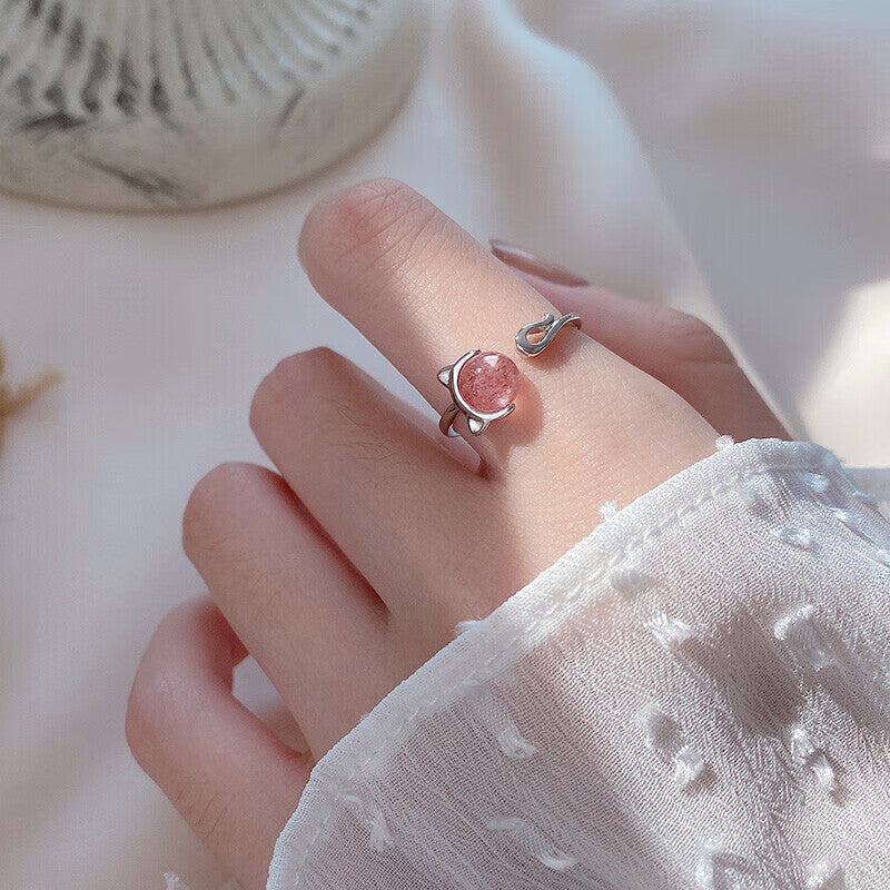 925 Silver, Japanese Cute, and Exquisite Cat Strawberry Crystal Open Ring (Shipping not included).