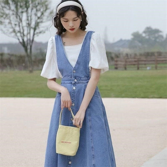 Japanese high-waisted A-line denim suspenders (Free shipping)