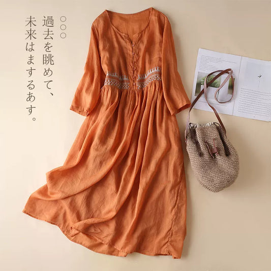 Artistic Embroidered Mid-length Cotton Dress (Free Shipping)