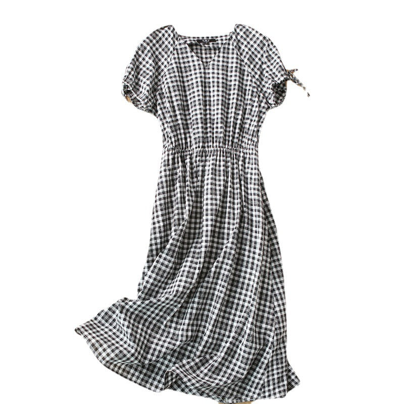 ZOJ Japanese-style cotton dress black and white grid (Shipping not included)