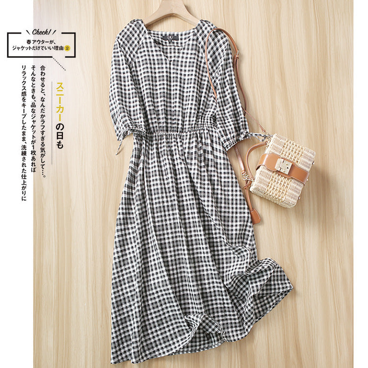 ZOJ Japanese-style cotton dress black and white grid (Shipping not included)