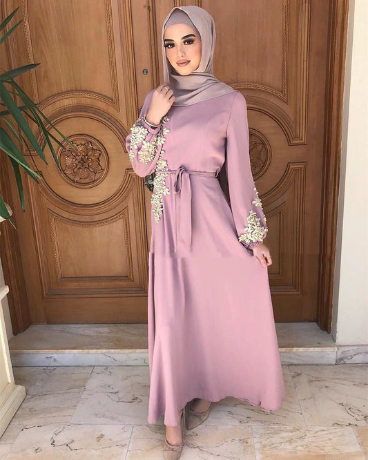 Dubai Saudi Lace Beaded Loose Long Dress Arab Ladies Robe Dress abaya