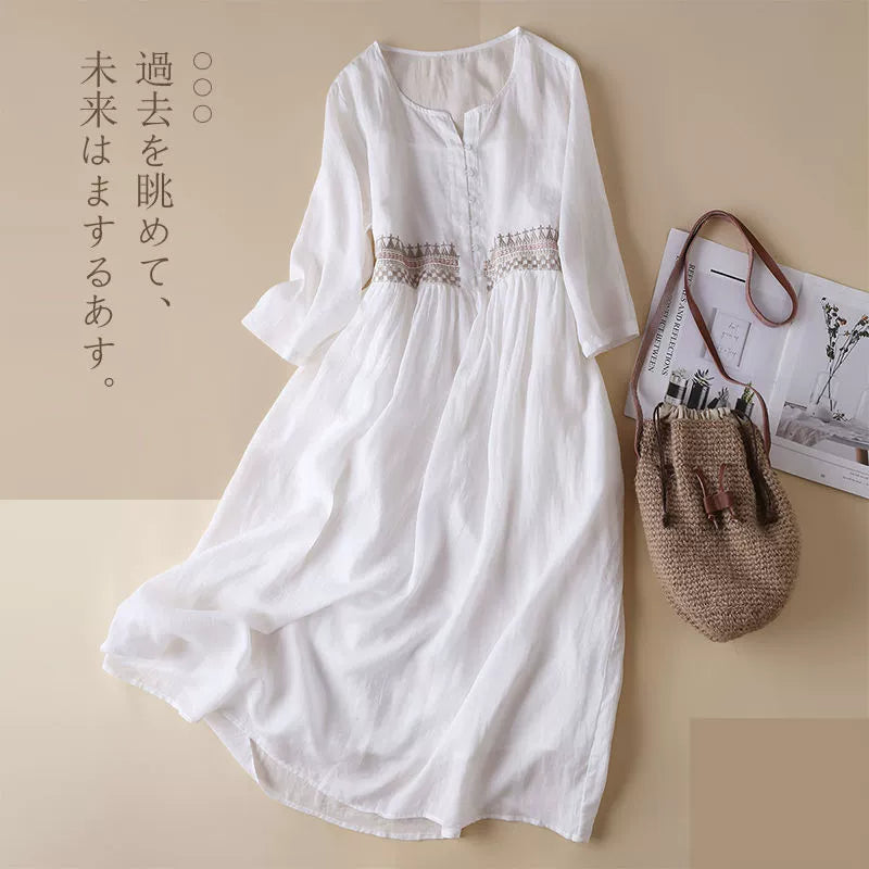 Artistic Embroidered Mid-length Cotton Dress (Free Shipping)
