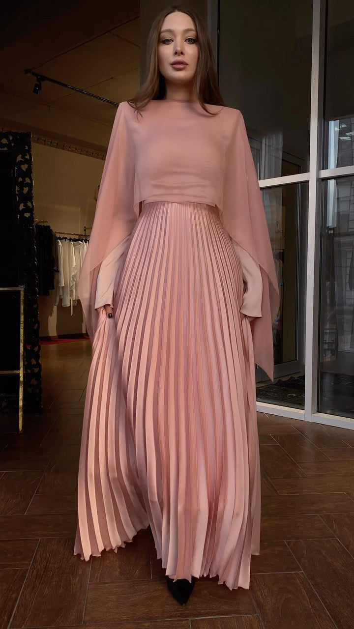 Pink pleated waist long-sleeved dress (Free shipping!!)