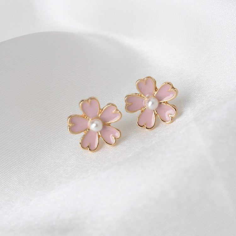 Japanese style fresh literary earrings pink purple flower pearl (Shipping not included)