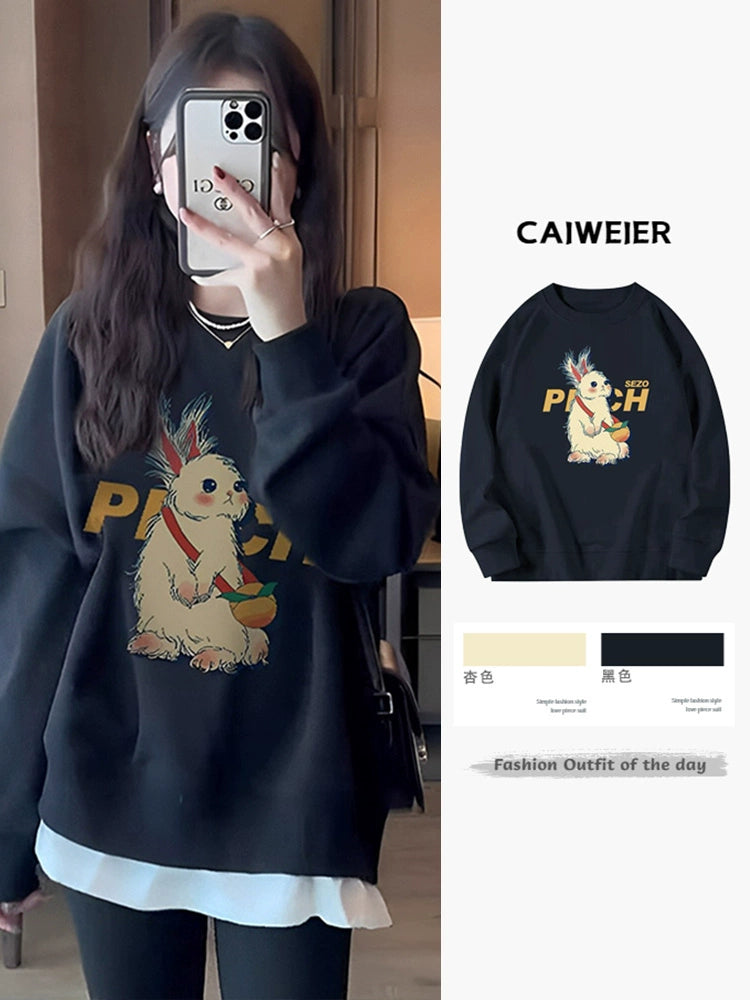 Round neck black cartoon plush thick hoodie (Shipping not included)