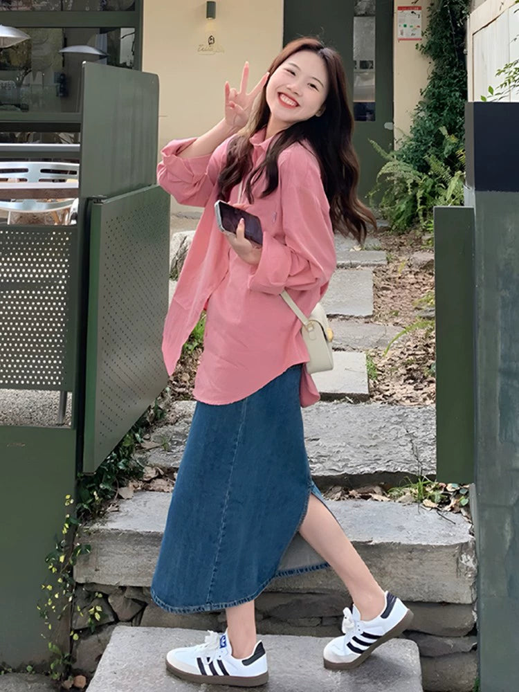 Korean Pink shirt and denim Skirt two piece set (Shipping not included)